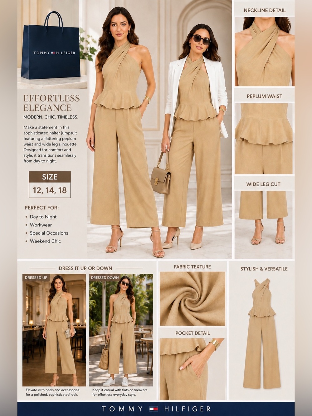 Tommy Hilfiger Beige Halter Peplum Wide-Leg Jumpsuit